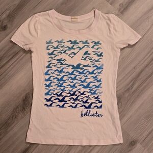 Hollister White Tee with Blue Gradient Bird Graphic